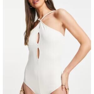 New TOPSHOP NORDSTROM White Cross Front Halter Body Bodysuit Size 4/6 TALL